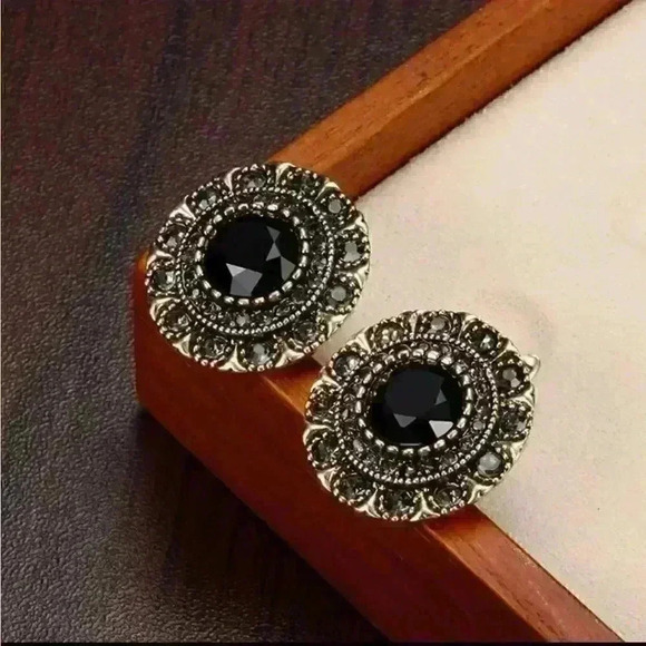Boho Black Crystal Vintage Earrings - Picture 2 of 11